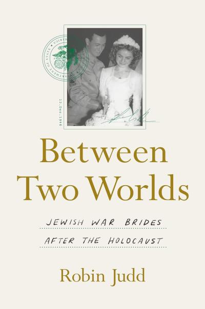 Between Two Worlds book cover with photo of bride and groom cutting a wedding cake