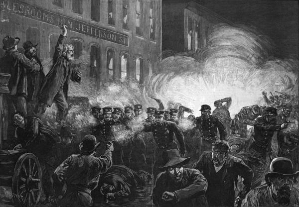 The Haymarket Riot of 1886 - image of police and citizens in the street