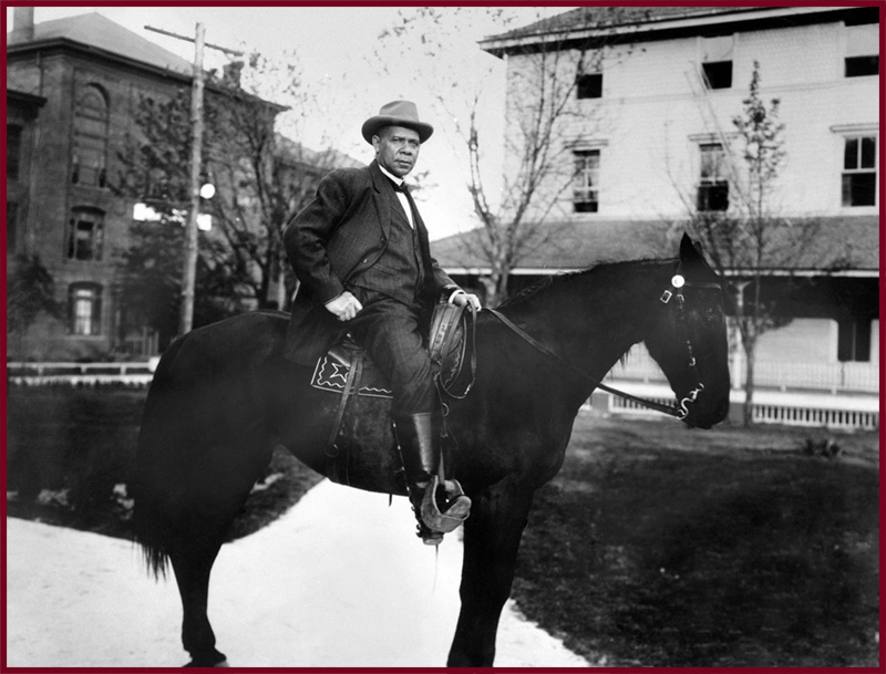 Portrait (by Frances Benjamin Johnston) of Booker T. Washington atop his horse, Dexter, in 1906. (Bettmann Collection/Getty Images)