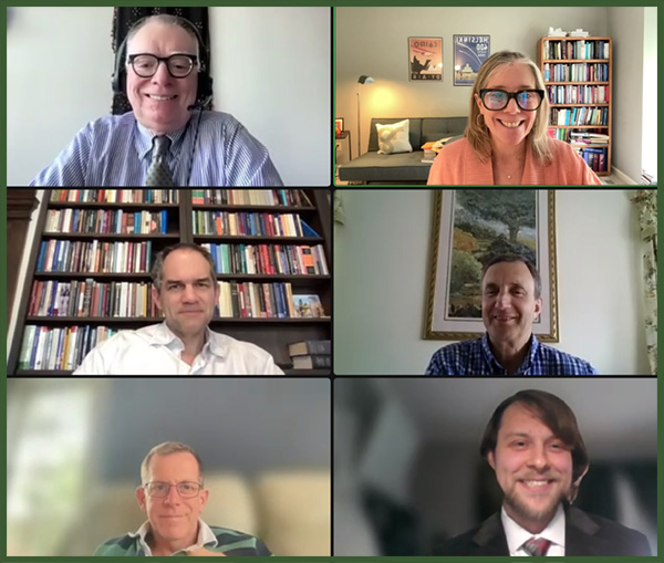 Graduate student Andrew Koperski on the bottom right with his committee: advisor Kristina Sessa (top right), David Brakke (top left), Sam Meier (middle right), Anthony Kaldellis (Univ. of Chicago, middle left), and John Bridges (outside examiner for the Graduate School, bottom left).