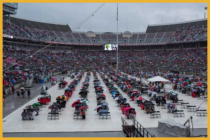 people social distancing at 2020 Commencement ceremony at Ohio Stadium