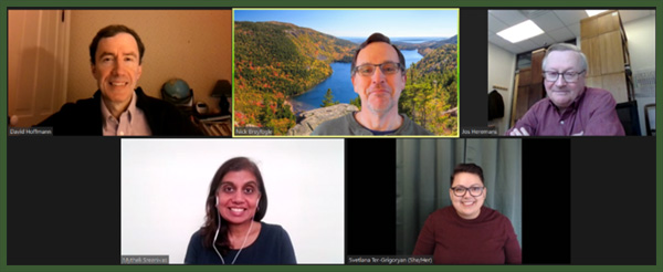 Graduate student Svetland Ter-Grigoryan (bottom right) with her committee: advisor David Hoffmann (top left), advisor Nicholas Breyfogle (top middle), Mytheli Sreenivas (bottom left), Joseph Heremans (Grad Rep, top right).