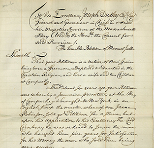 Photograph of a historical handwritten petition to Joseph Dudley