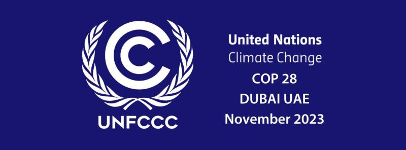 banner with text that reads United Nations Climate Change COP 28 Dubai UAE November 2023