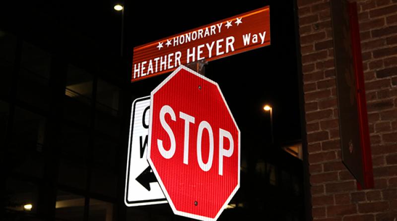 A street sign memorializing counterprotester Heather Heyer, who was murdered in Charlottesville, Virginia, during the white supremacist Unite the Right rally in August 2017. Photo credit Karla Haddad.