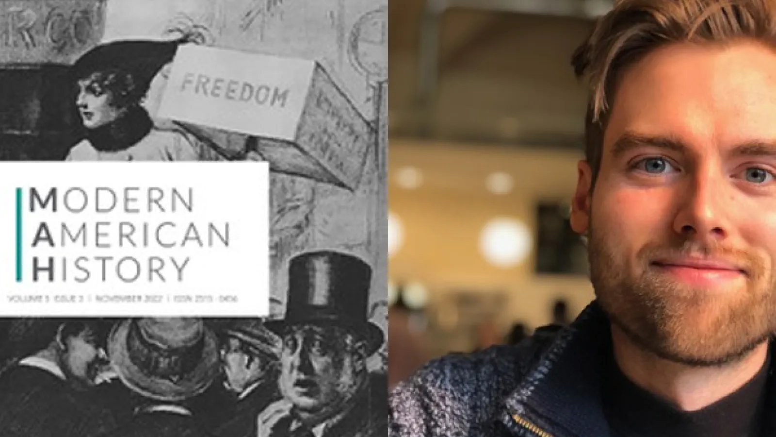 illustration of a man in a top hat and a woman holding a sign that reads, "Freedom", on right side is a photo of Cameron Givens