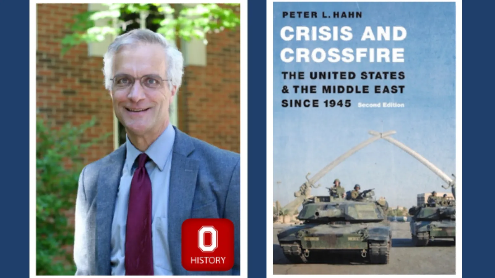 Peter Hahn and book cover with two tanks driving under a statue of two crossed swords