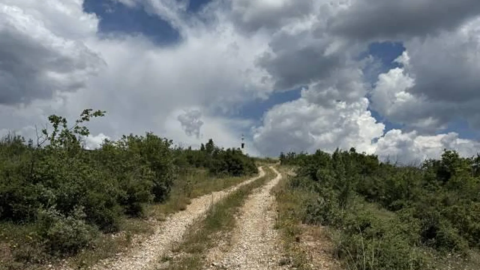 a dirt road surrounded by fields and puffy white clouds in the sky