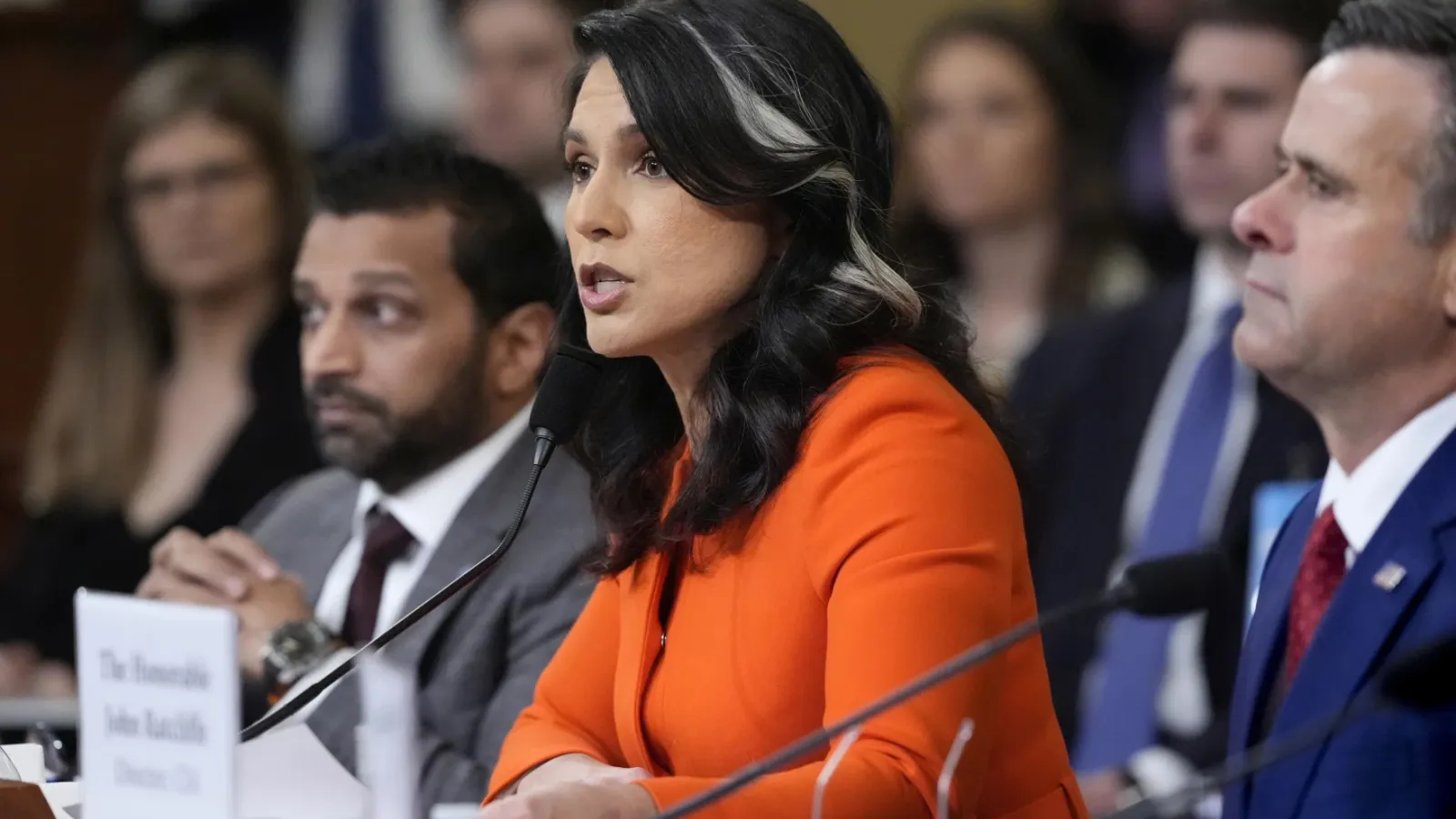 Director of National Intelligence Tulsi Gabbard, flanked by FBI Director Kash Patel, left, and CIA Director John Ratcliffe, testifies as the House Intelligence Committee holds a hearing on worldwide threats, at the Capitol, in Washington, Wednesday, March 26, 2025.