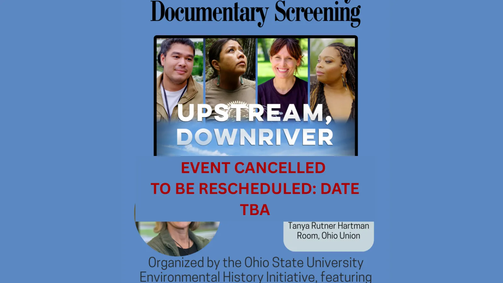 blue poster announcing cancelled event