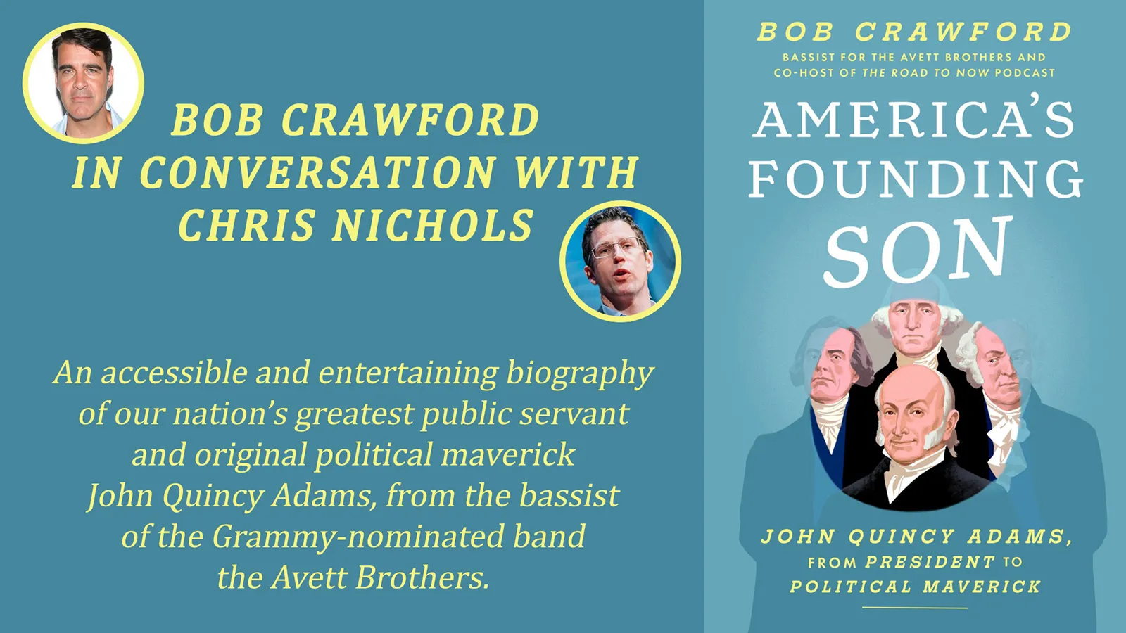 America's Founding Son book cover and pictures of Bob Crawford and Chris Nichols