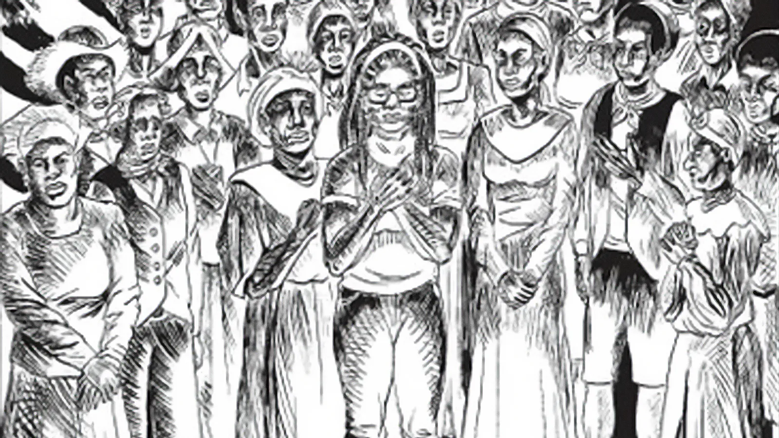 A comic illustration depicting a group of African Americans