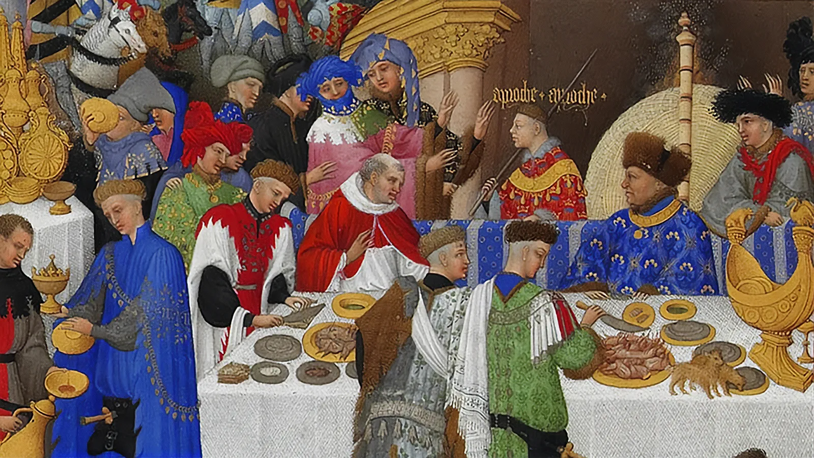 Illustration of John, Duke of Berry, enjoying a grand meal circa 1410