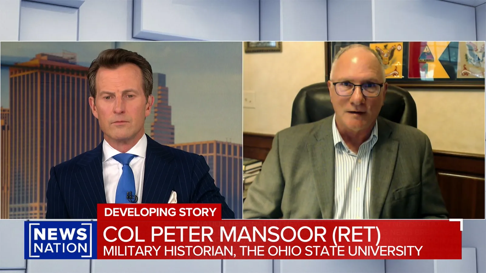 Split screen of a newscast with the anchor on the left and Dr. Peter Mansoor on the right
