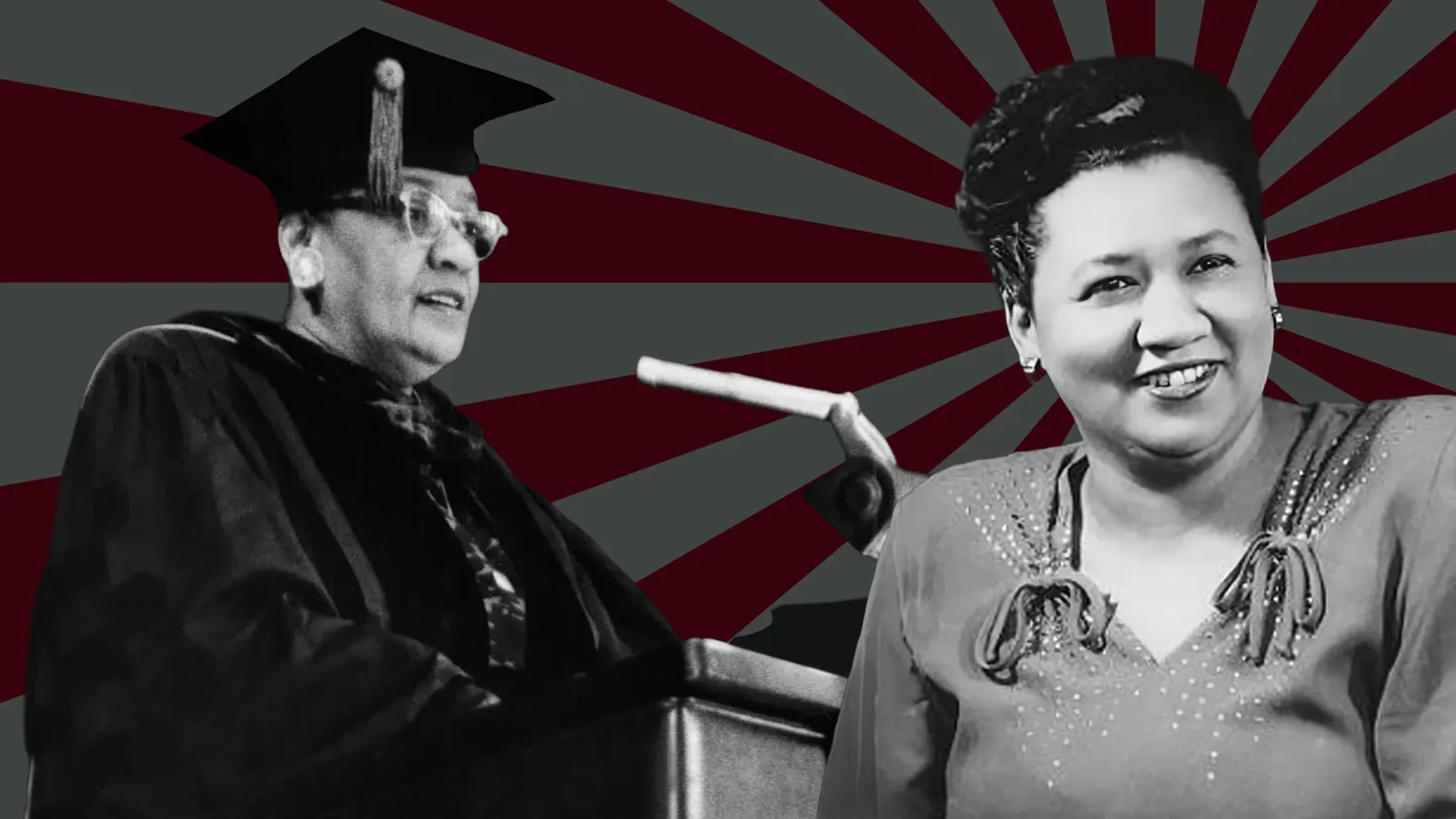 Two black and white photos of Helen G Edmonds, one a smiling portrait and one her speaking at commencement, on a field of gray and red rays