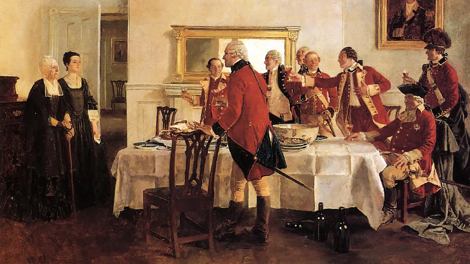 Th painting An Unwelcome Toast (also known as Red Coat Soldiers Toasting the Ladies of the House) by Howard Pyle