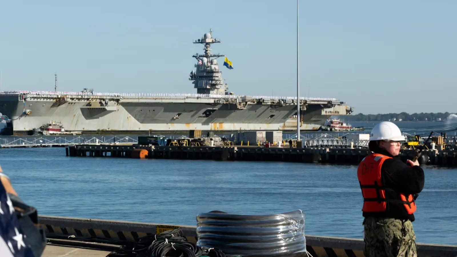 Th nuclear-powered aircraft carrier USS Gerald R. Ford (CVN-78) returning to Naval Station Norfolk in Norfolk, Virginia