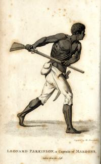 Engraving of Leonard Parkinson, Maroon Leader, Jamaica, 1796 - A shirtless man wielding a rifle