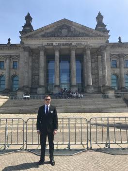 Standing in front of Germany's Parliament building, known as the Reichstag, in Berlin