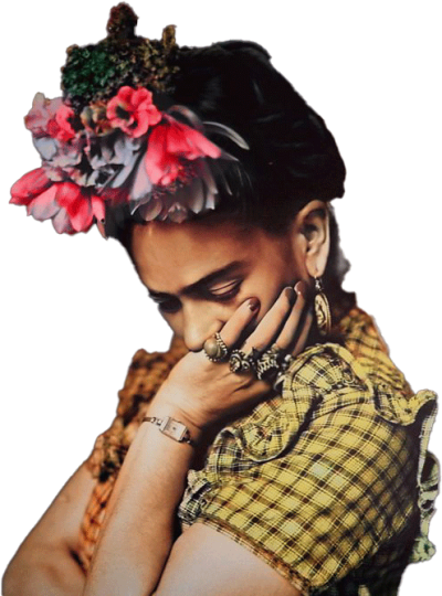 Frida Kahlo with her hand under her chin, she's looking downward with eyes closed