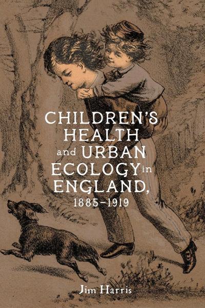 a man carrying a child on his back, a dog is running ahead of him