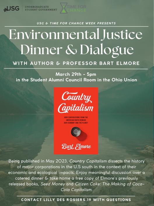 Environmental Justice Dinner and Dialogue flyer with cover of Country Capitalism book