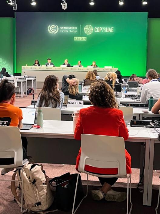 people sitting on a panel at front of a room while an audience of people sits at tables