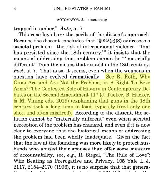 text of Rahimi opinion written by Justice Sotomayor with reference to Randy Roth's research highlighted in yellow