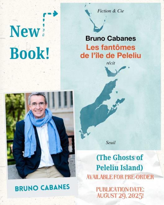Bruno Cabanes and book cover with image of Peleliu Island