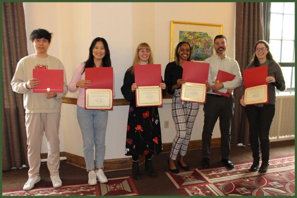 Recipients of the Retrieving the American Past Award, Cruz Guan, Jin Kim, Victoria Paige, Sierra Phillips, and Katherine Weiss with Clayton Howard.