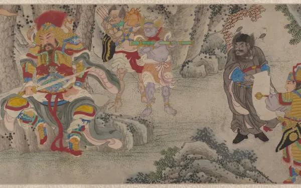 Painting of soldiers and forests.
