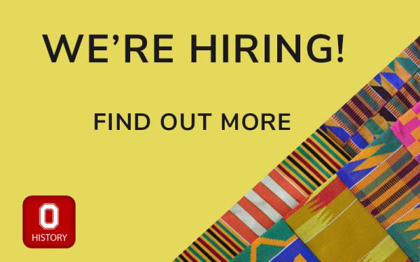 We are hiring. Find out more - African print in corner of yellow background. History graphic in corner