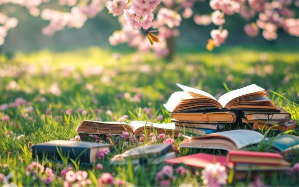 books laying on grass under a flowering tree