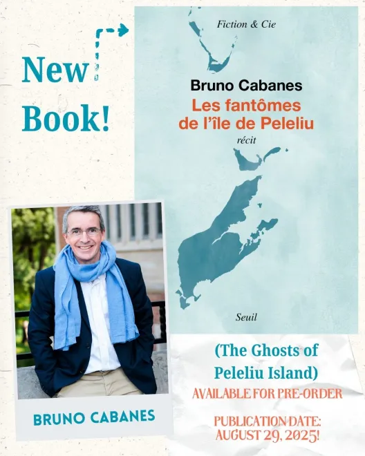 Bruno Cabanes and book cover with image of Peleliu Island