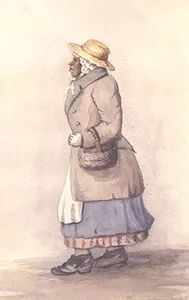 Artwork of an African American woman wearing a dress, coat, and hat