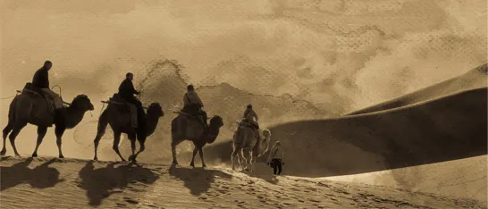 Watercolor of a camel caravan in the desert