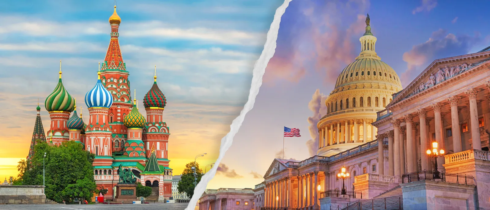The Kremlin and Capitol Buliding side-by-side with a rip separating the two