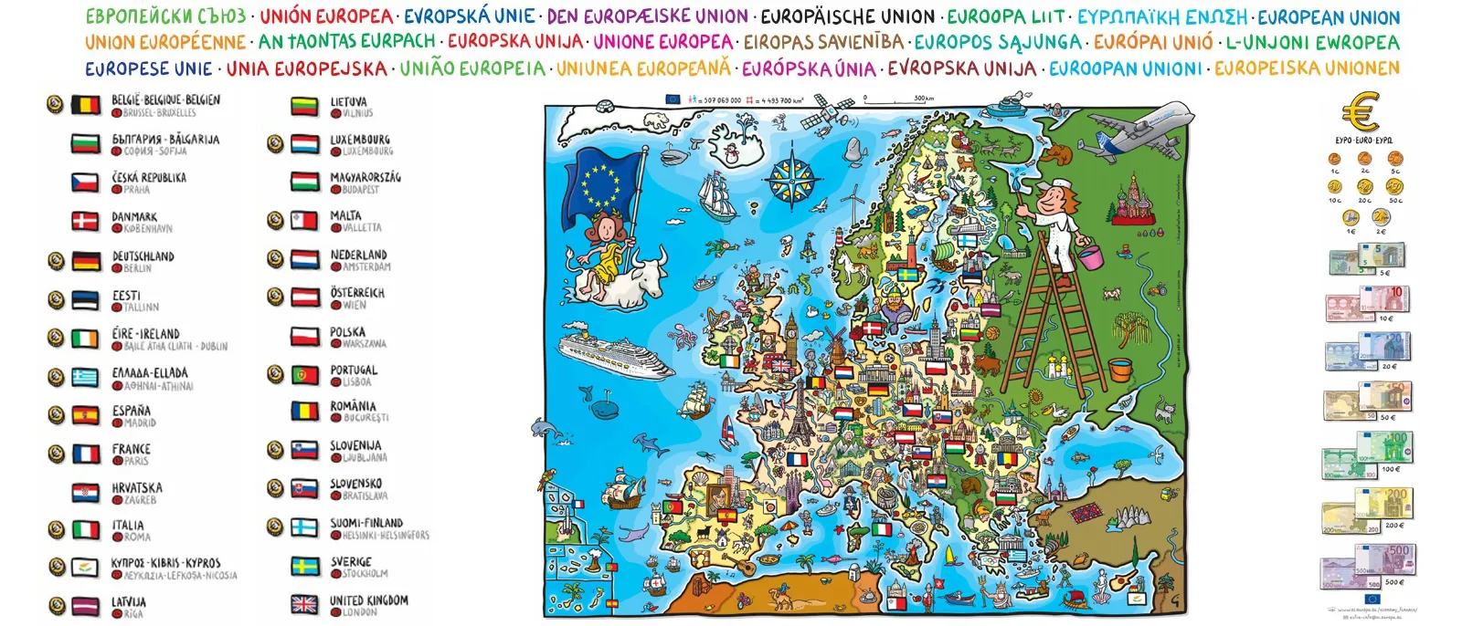 Illustrated map of the European Union showing member countries labeled with national flags and cultural landmarks