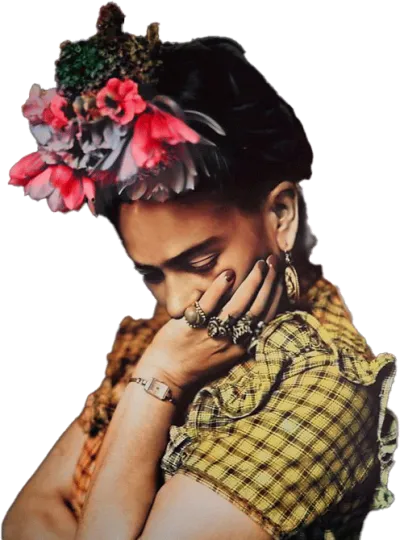 Frida Kahlo with her hand under her chin, she's looking downward with eyes closed