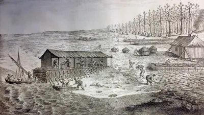 18th-Century engraving by Elisabeth-Mélanie Moitte from Henri-Louis Duhamel du Monceau's Traité général des pesches illustrating a traditional North Atlantic seasonal cod-processing station.