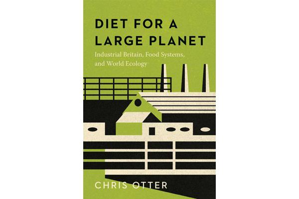 book cover of Diet for a Large Planet - green background with black and white building graphics