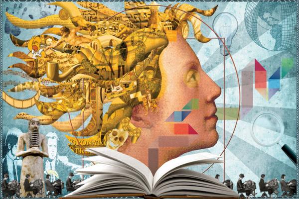 a woman with a book in front of her and objects all around