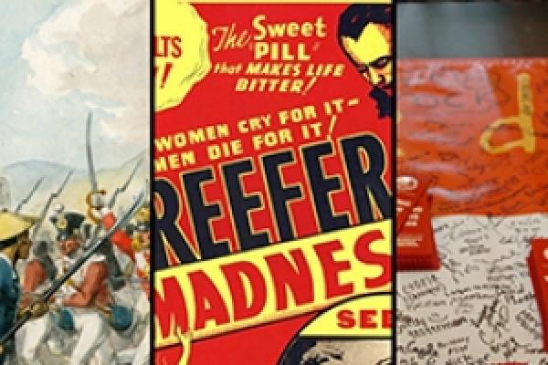 poster for Reefer Madness and soldiers on horseback and map