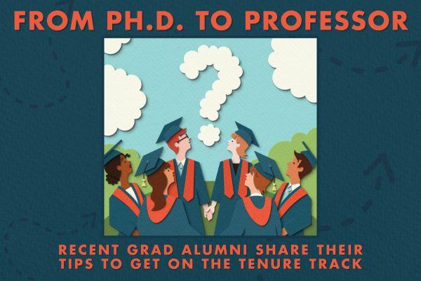 graduates in cap and gown looking up to a question mark shaped cloud