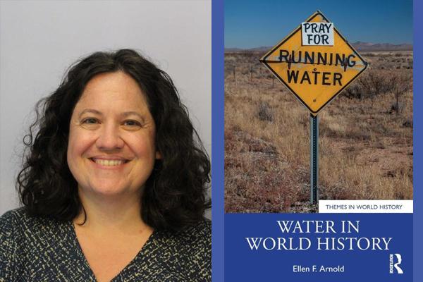 Ellen Arnold and book cover of desert with sign that reads Running Water with paper over those words that read Pray for