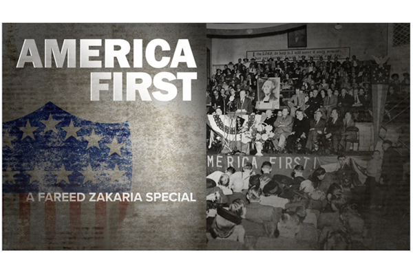 American Flag in shape of a shield and groups of people