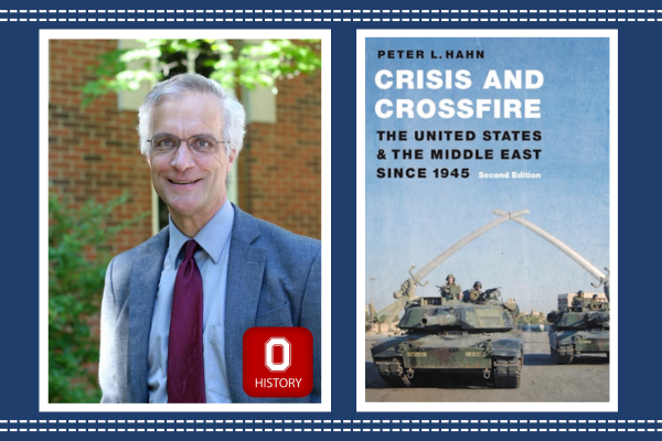 Peter Hahn and book cover with two tanks driving under a statue of two crossed swords