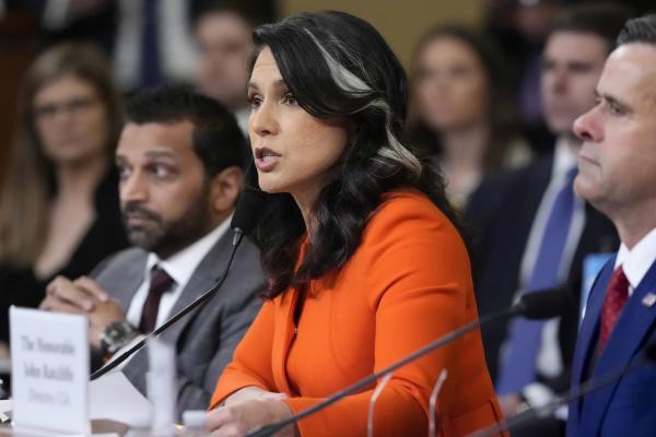 Director of National Intelligence Tulsi Gabbard, flanked by FBI Director Kash Patel, left, and CIA Director John Ratcliffe, testifies as the House Intelligence Committee holds a hearing on worldwide threats, at the Capitol, in Washington, Wednesday, March 26, 2025.