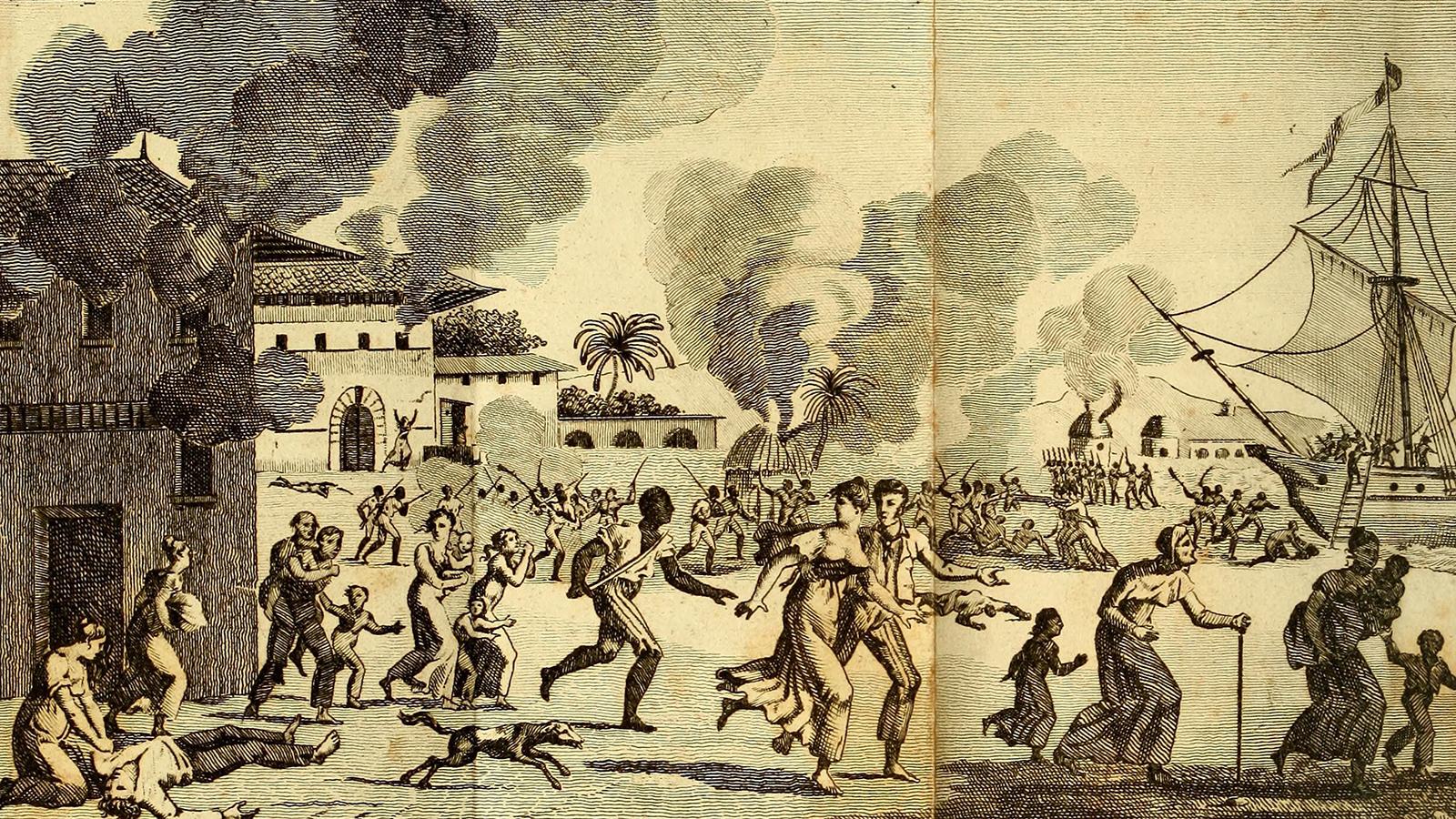 "Incendie du Cap" (Burning of Cape Francais) depicting a "General revolt of the Blacks. Massacre of the Whites" from 1815 Haiti