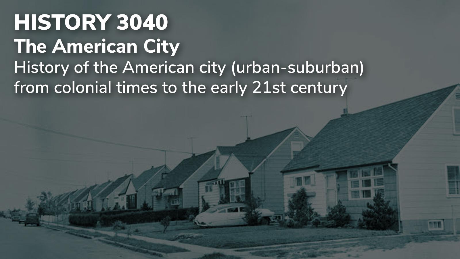 Black and white photograph of an American suburb street from the late 1940s